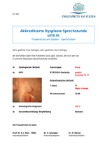 Beispiel für einen Dysplasie-Brief, in dem alle erhobenen Befunde zu einer abschließenden Diagnose zusammengefasst werden, einschließlich einer Empfehlung zur Kolposkopie.